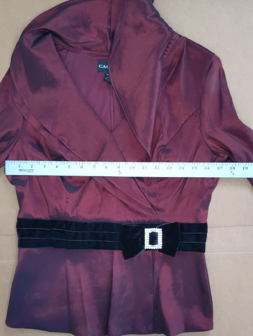Cachet Burgundy Satin Blouse with Black Velvet Rhinestone Belt - Picture 7 of 8